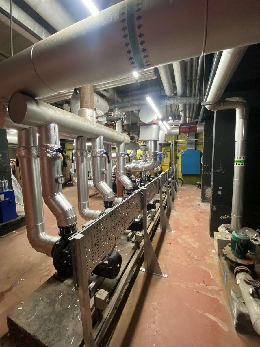 Long plant room services run with pipework and ductwork, Delta Flow Mechanical project near Malahide Castle, Malahide K36
