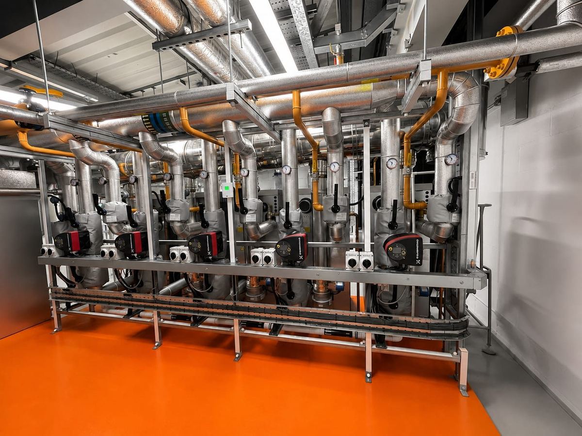 Pump set and commissioning valves on an orange plant room floor