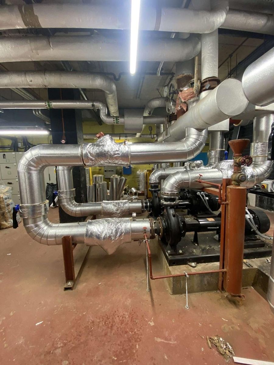 Riser pipework and branch connections in a plant room, Delta Flow Mechanical project near Lucan Village, Lucan K78